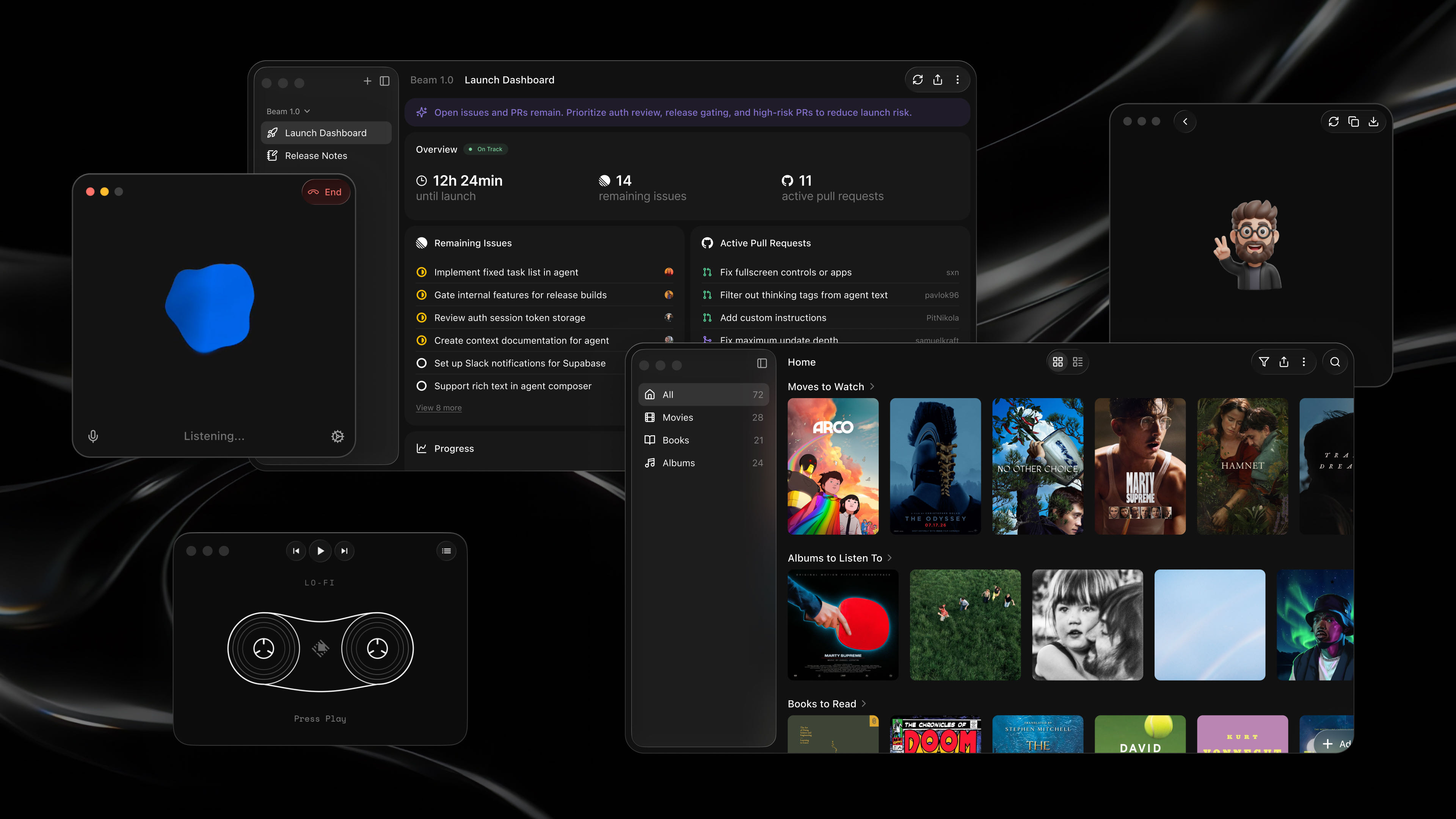 Launch dashboards, music players, and more. All real apps built with Glaze.